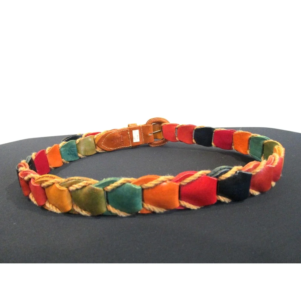 Made In Guatemala Multicolor Leather, Twine Boho Belt Women Sz S, 27
